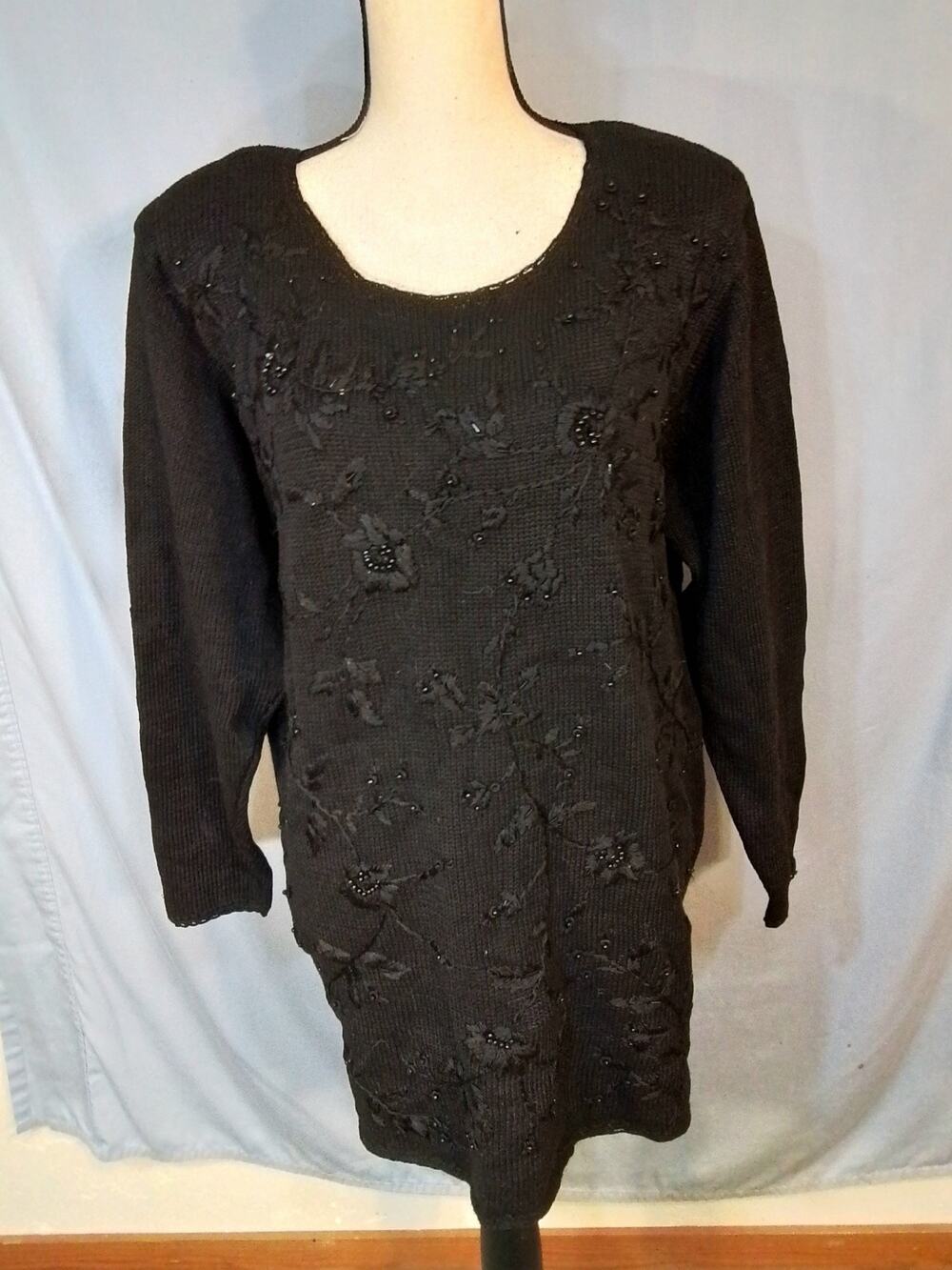 Cascade Blues; Sweater toped with black embroidery and beading.